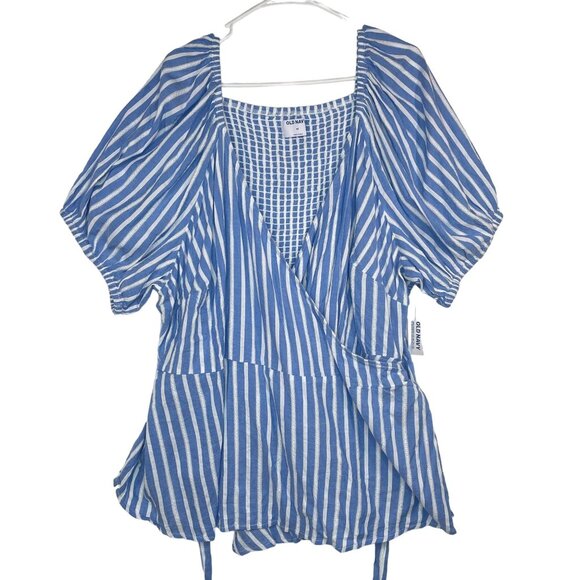 Old‎ Navy Womens Blue White Striped Blouse Sz 4X Wrap Back Tie Peasant Boho NWT - Picture 1 of 10